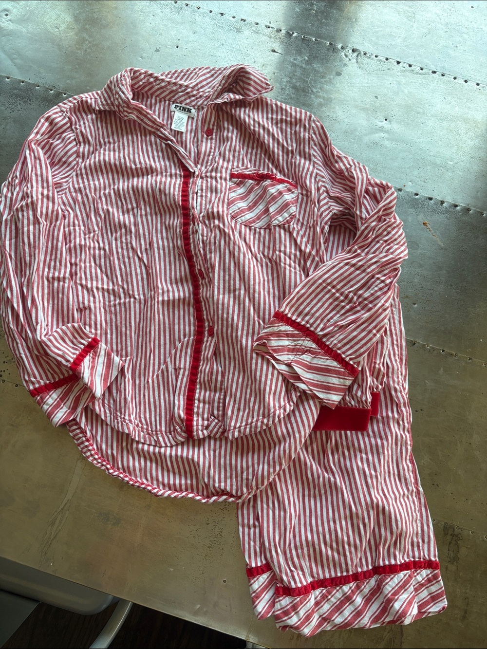 PINK Victoria's Secret Red and White Striped Pajama Set